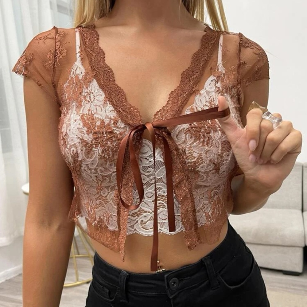 Lace Trim Knotted Sheer Embroidery Mesh Top